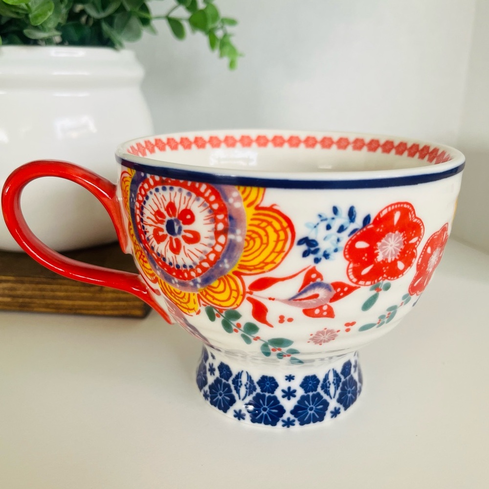 Anthropologie Red & Blue Floral Footed Pedestal Mug Sip of Nectar Tea Cup Teacup